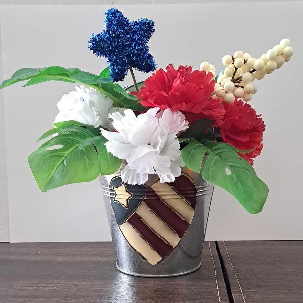 Red, White & Blue Faux Floral Arrangement in Silver Metal Bucket